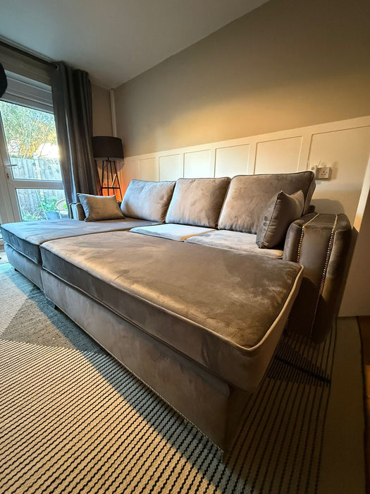 Olivia Medium Corner Sofa Bed Bundle - Studded - Plush Steel - Outlet